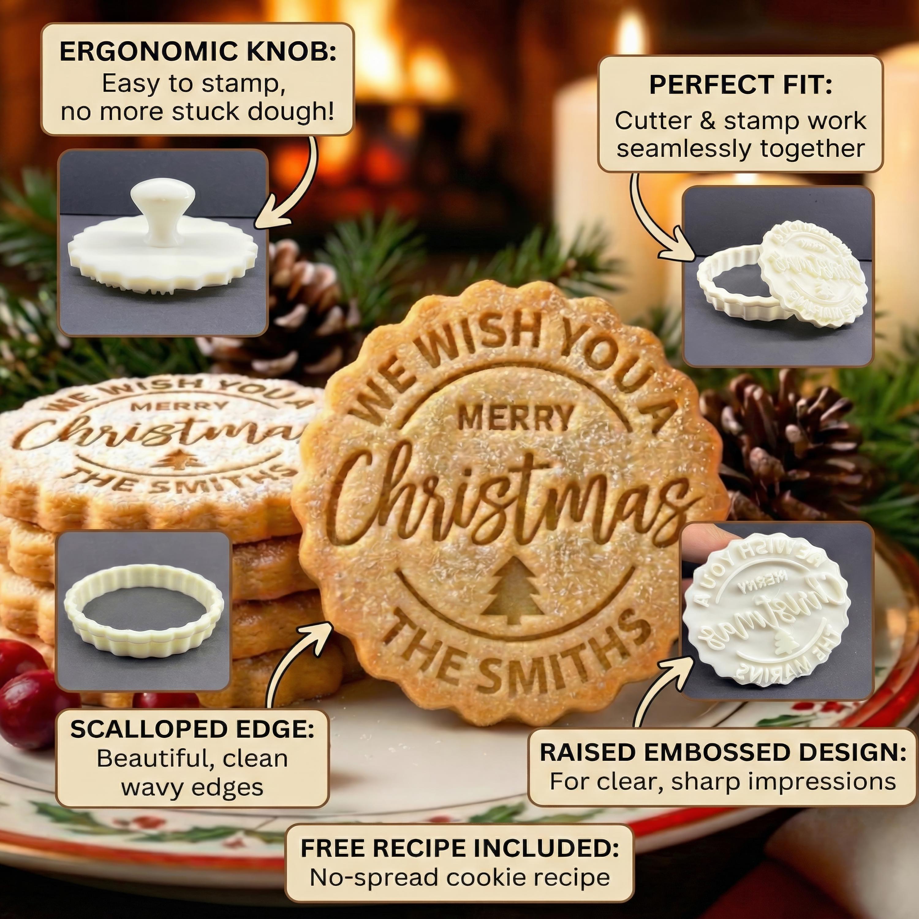 Personalized Christmas Cookie Cutter Stamp, Custom Family Name, Recipe Included