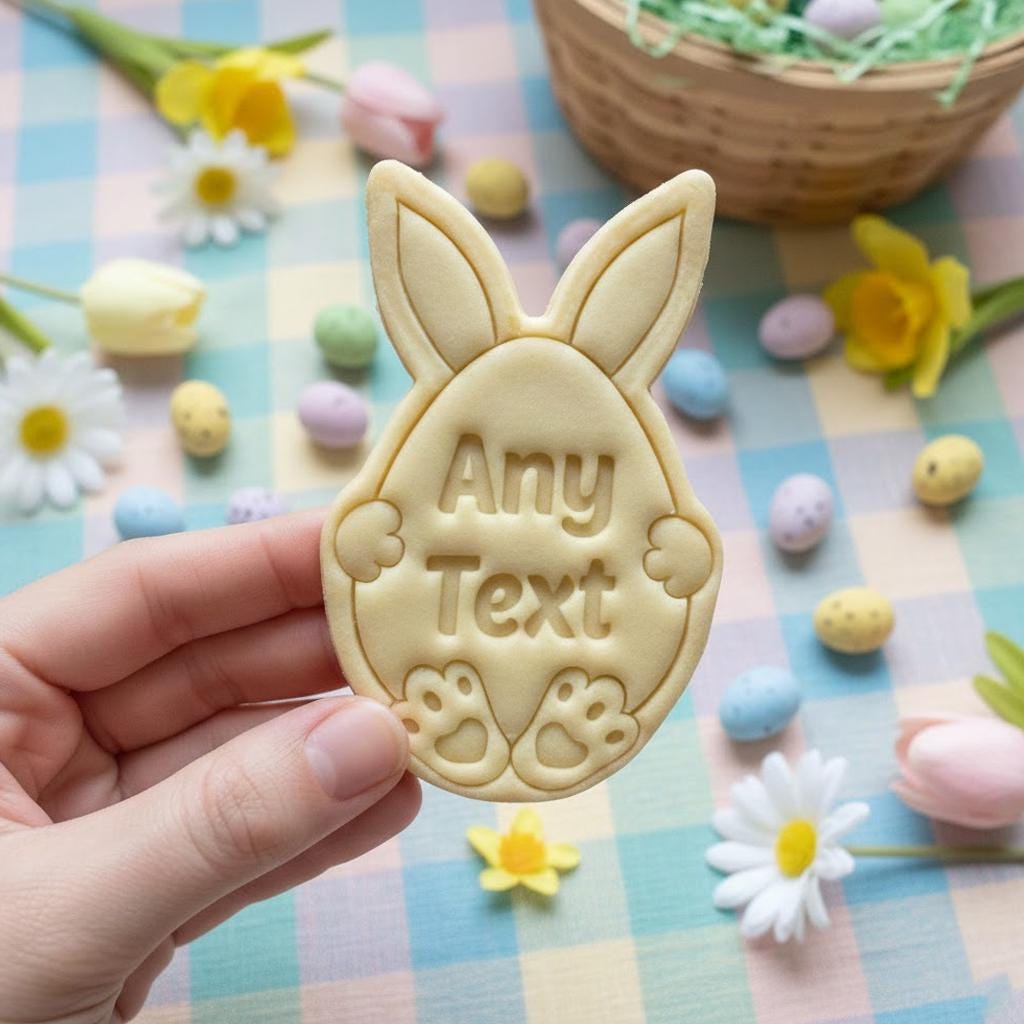 Custom Any Text Eggs With Rabbit Easter Cookie Cutter Stamp, Personalized Cookie, Easter Day Gifts, Bunny Cutter, Easter Baking