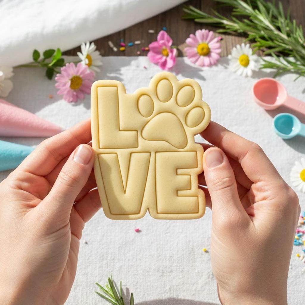 Love with Puppy Footprint Cookie Cutter, Love Dog Paw Cutter, Dog Paw Cookie Cutter, Animal Cutter Stamp Set, Custom Cookie, Animal Gifts