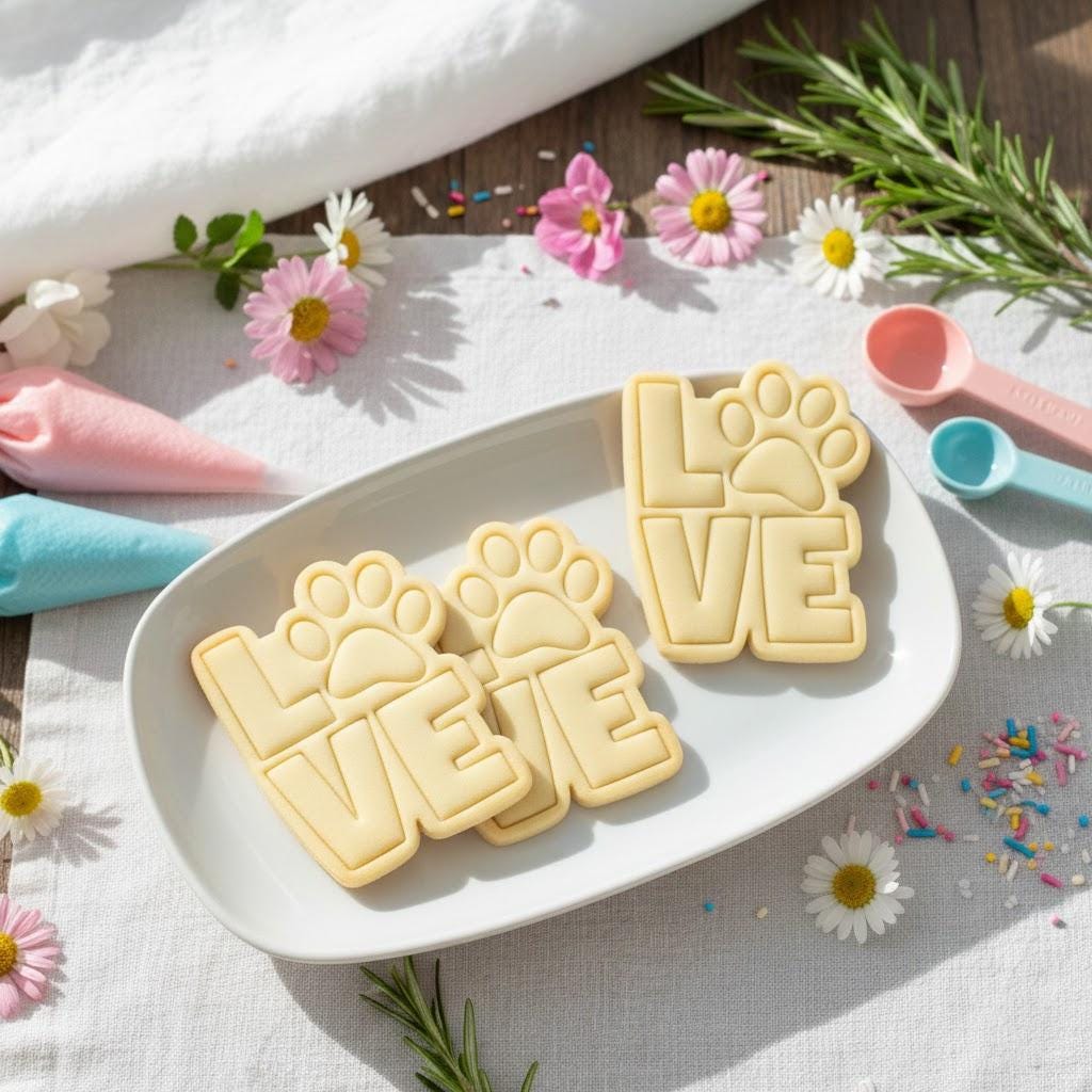 Love with Puppy Footprint Cookie Cutter, Love Dog Paw Cutter, Dog Paw Cookie Cutter, Animal Cutter Stamp Set, Custom Cookie, Animal Gifts