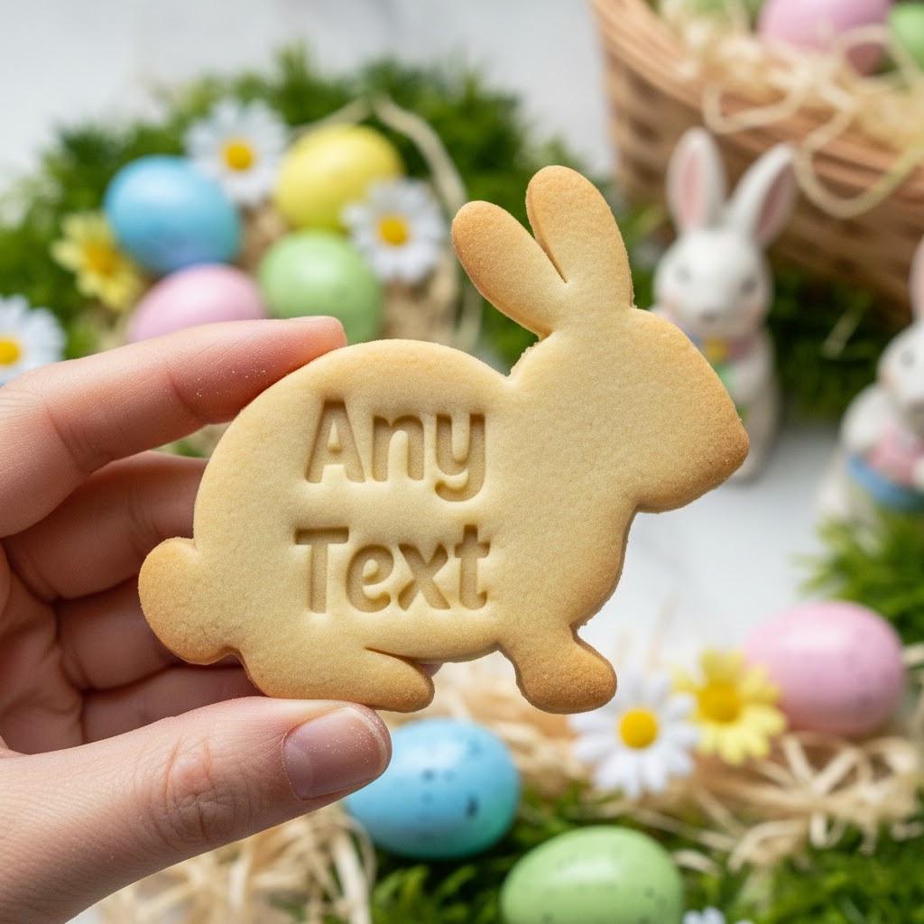 Any Text Custom With Rabbit Easter Cookie Cutter Stamp, Personalized Text Cookie Stamp, Easter Gifts, Easter Baking, Any Text Easter