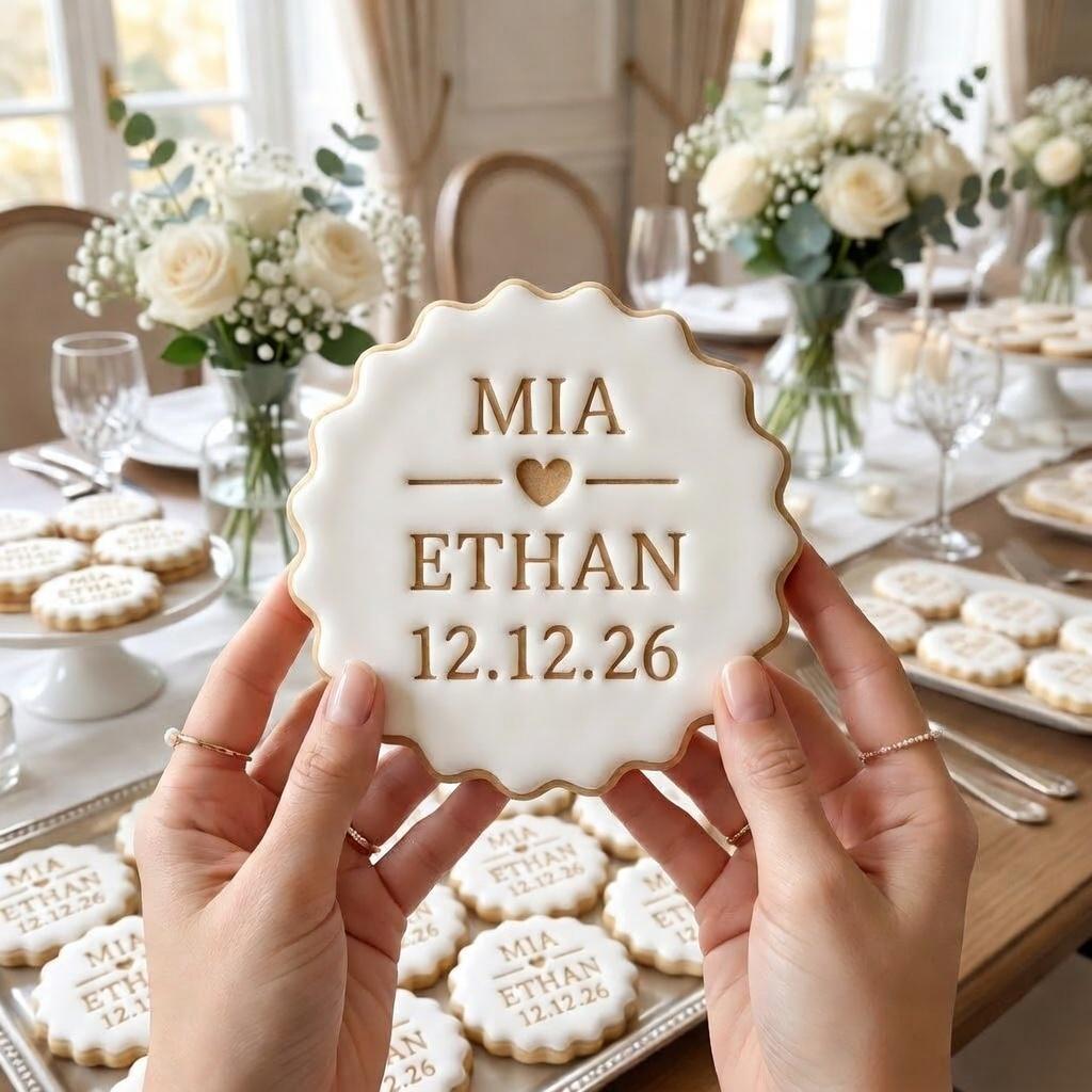Custom Bridal Shower Cookie Cutter & Stamp, Personalized Couple Name Date Heart Biscuit Stamp, Elegant Wedding Cookie Cutter