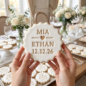 Custom Bridal Shower Cookie Cutter & Stamp, Personalized Couple Name Date Heart Biscuit Stamp, Elegant Wedding Cookie Cutter