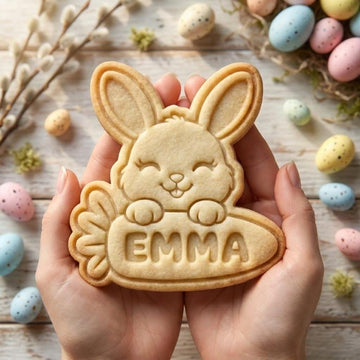 Personalized Easter Bunny Cookie Cutter & Stamp, Custom Name Bunny with Carrot Cookie Stamp, Rabbit Biscuit Cutter