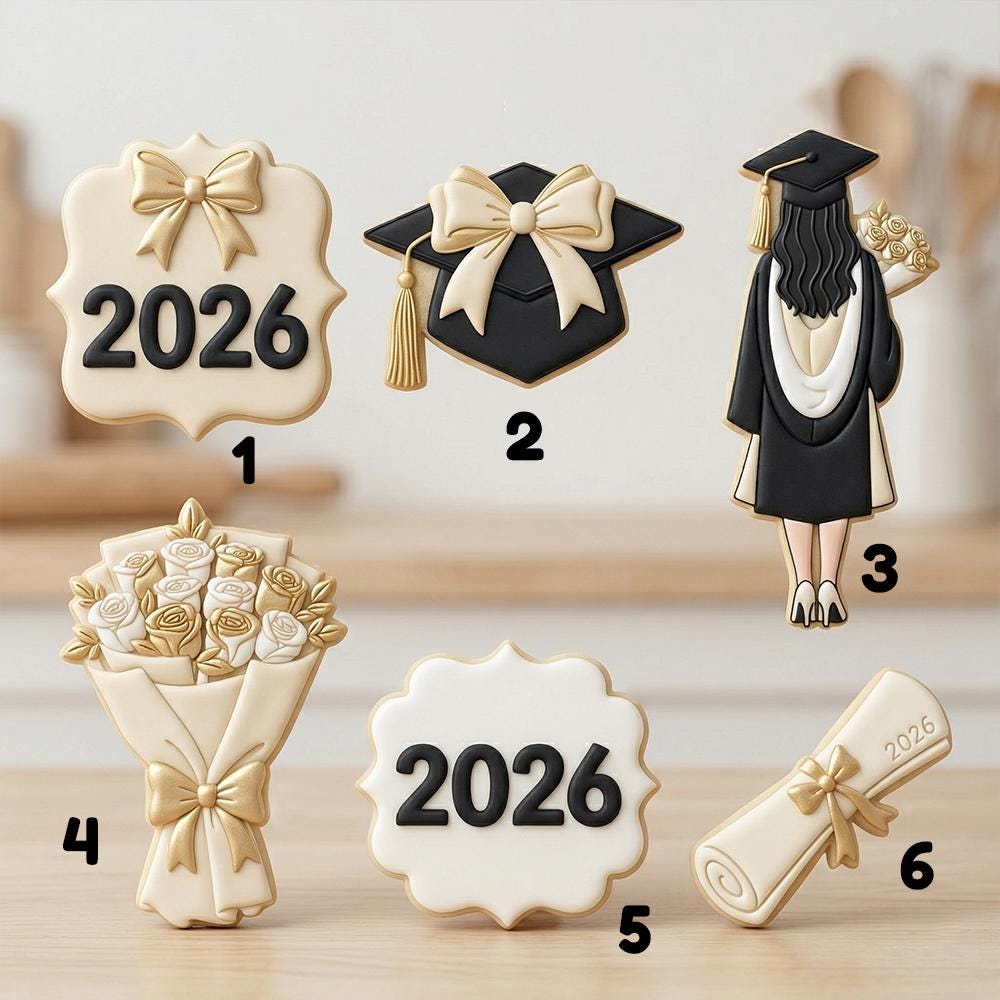 6pc Graduation 2026 Cookie Cutter Set, Grad Girl Bouquet Diploma Cap Plaque, Polymer Clay Cutter, Senior 2026 Party, Polyclay Mold Set