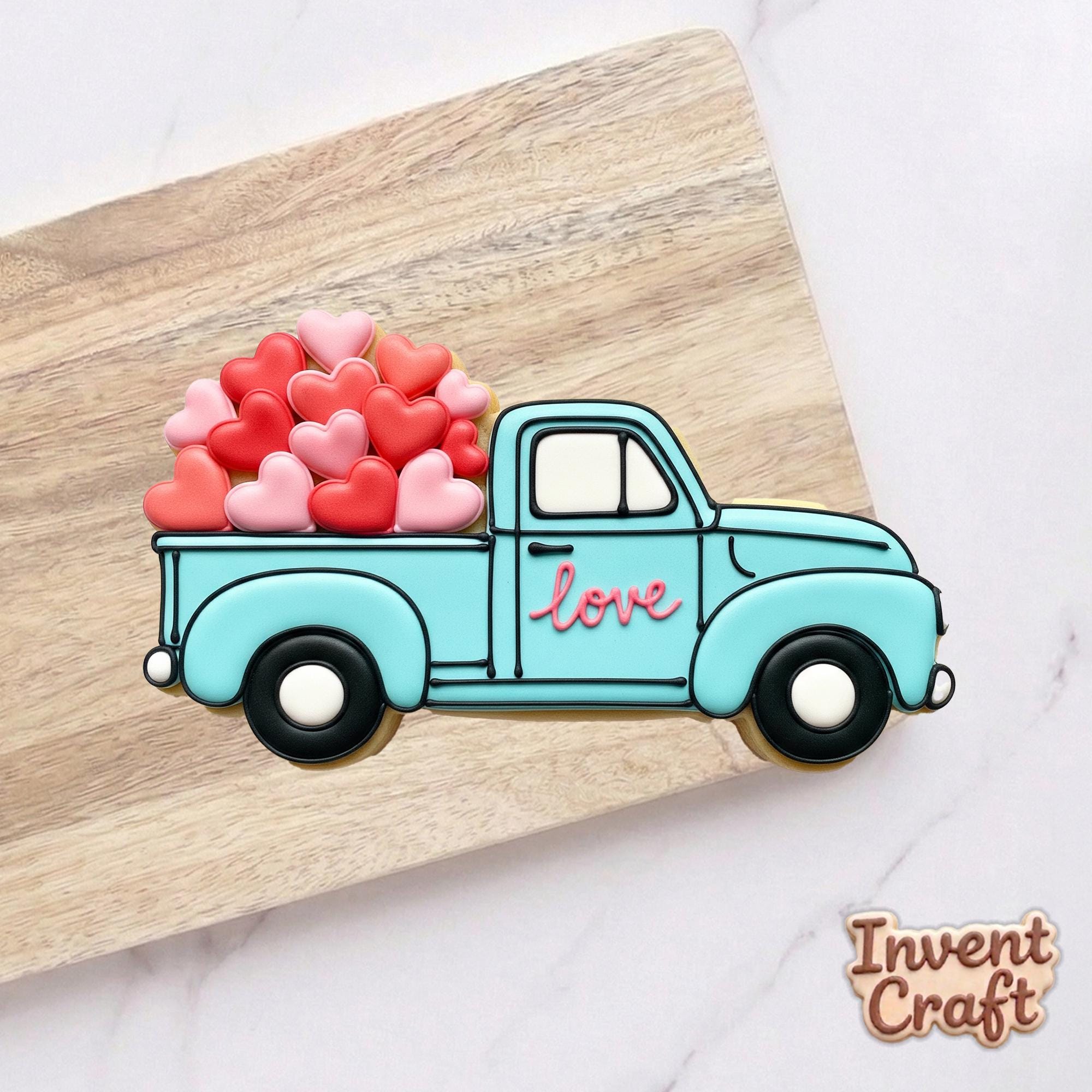 Love Truck Cookie Cutter, Heart Pickup Side View Stamp, Polymer Clay Cutter, Wedding Anniversary Mold, Vintage Truck, Polyclay Tool