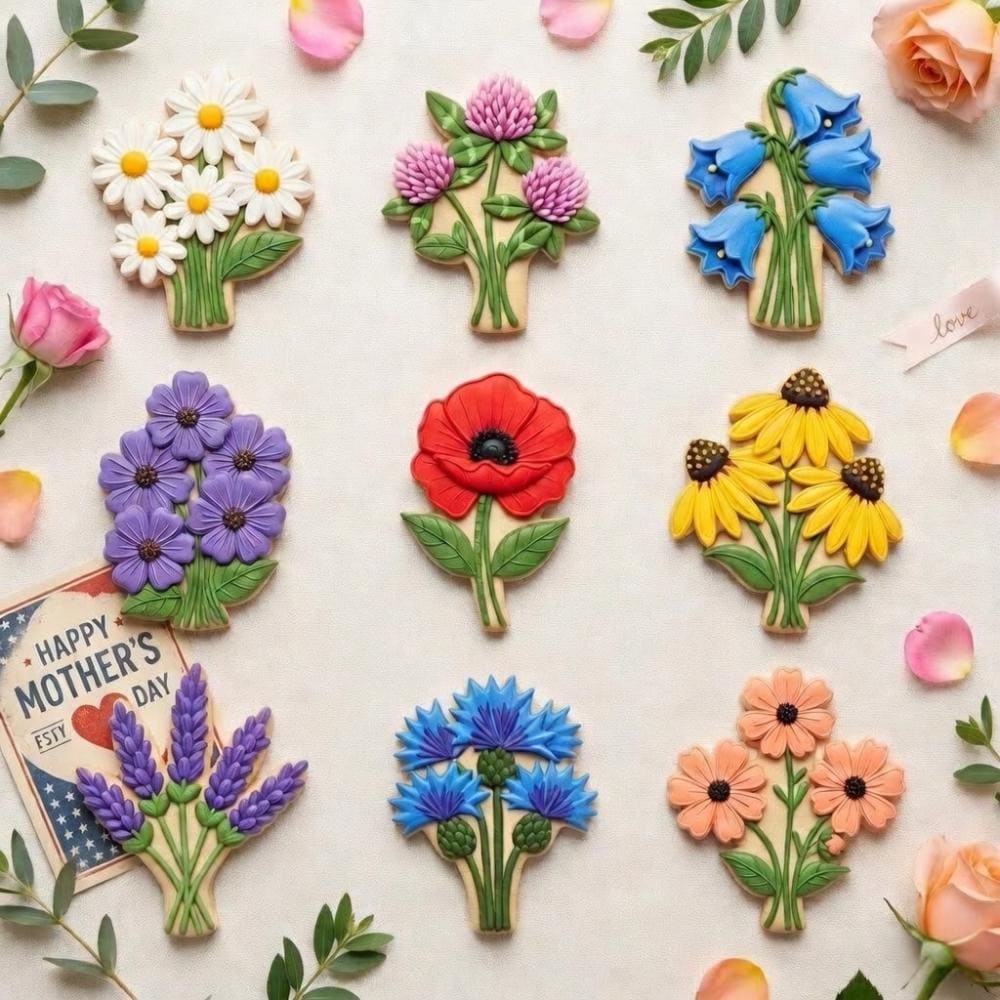 Mom's Garden Flower Cookie Cutter, Mother's Day Bouquet Cookie Cutter, Spring Floral Cookie Cutter Set