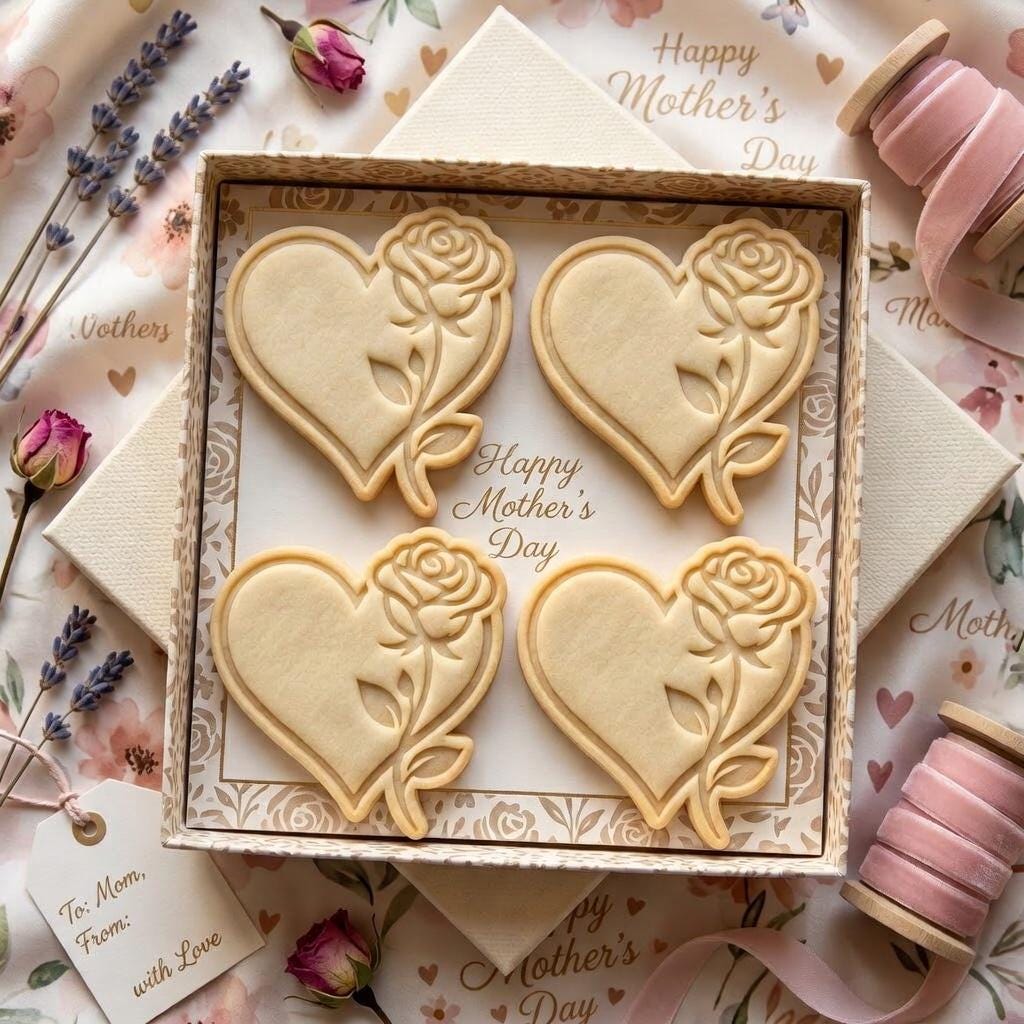 Rose Heart Mother's Day Cutter and Stamp, Floral Heart Cookie Stamp, Mom Rose Cookie Cutter