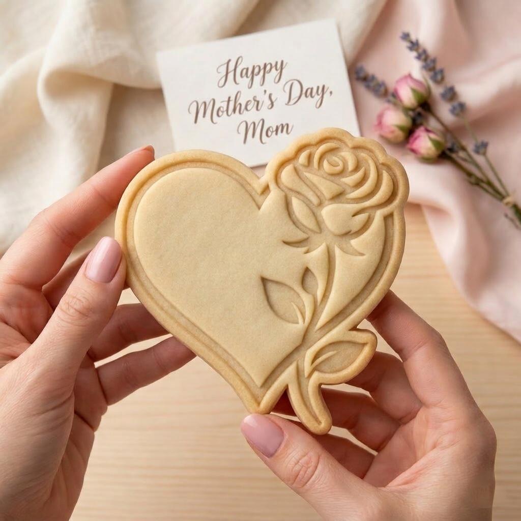Rose Heart Mother's Day Cutter and Stamp, Floral Heart Cookie Stamp, Mom Rose Cookie Cutter