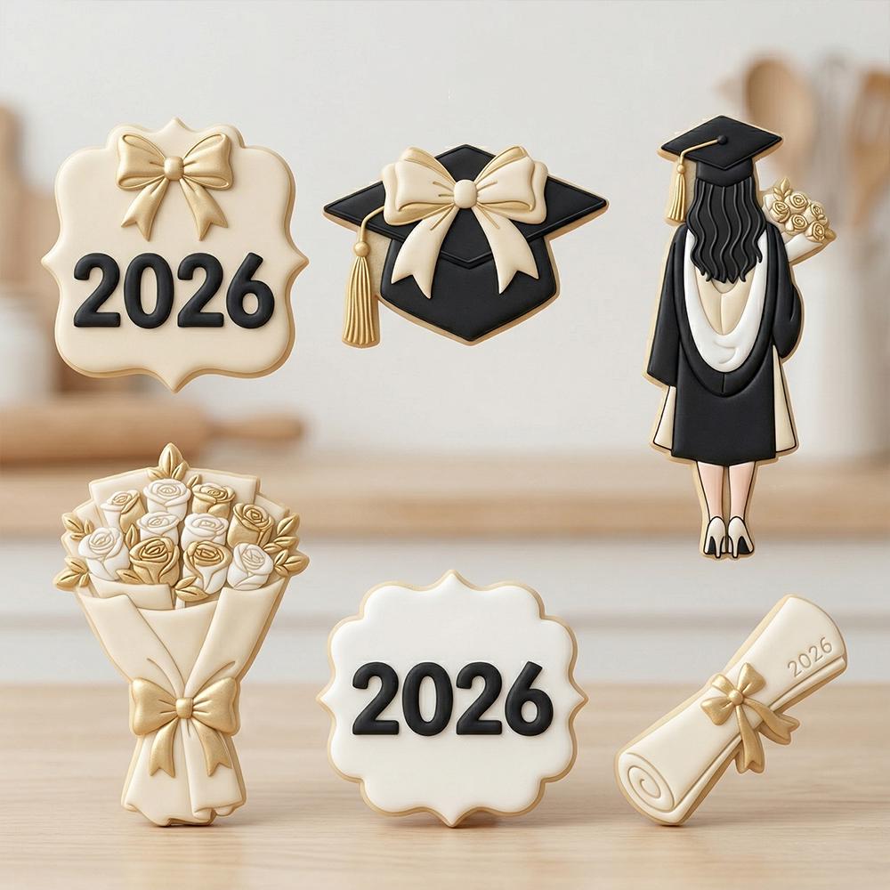 6pc Graduation 2026 Cookie Cutter Set, Grad Girl Bouquet Diploma Cap Plaque, Polymer Clay Cutter, Senior 2026 Party, Polyclay Mold Set