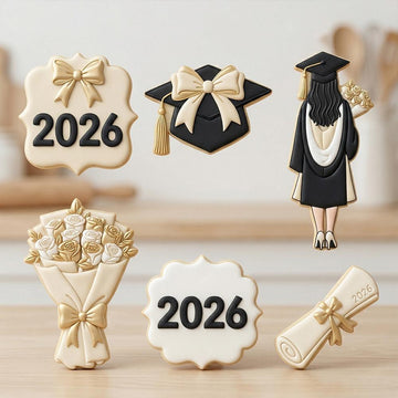 6pc Graduation 2026 Cookie Cutter Set, Grad Girl Bouquet Diploma Cap Plaque, Polymer Clay Cutter, Senior 2026 Party, Polyclay Mold Set