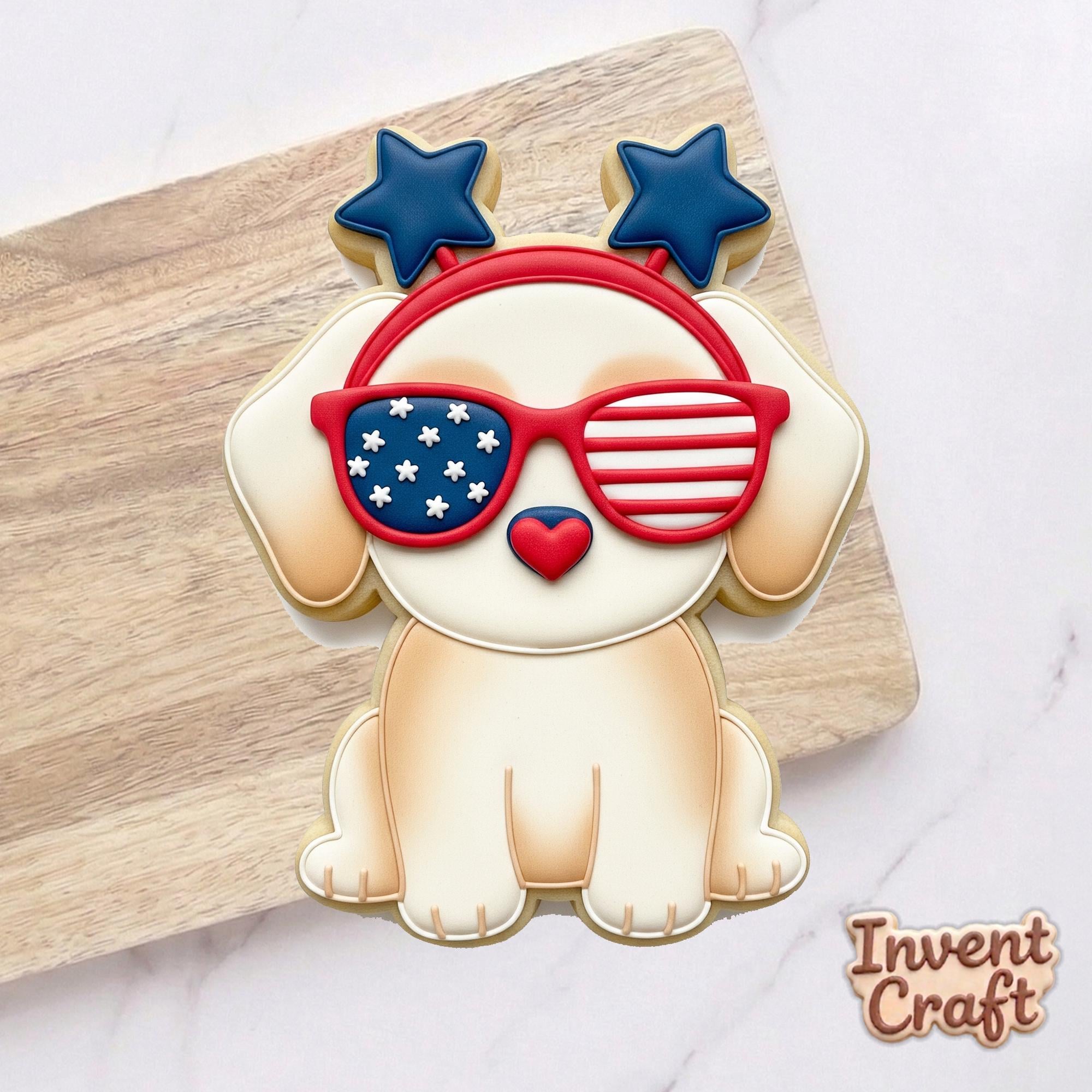 Patriotic Puppy Cookie Cutter, 4th of July Dog, Polymer Clay Cutter, American Flag Glasses Mold, Independence Day Favor, Polyclay Tool