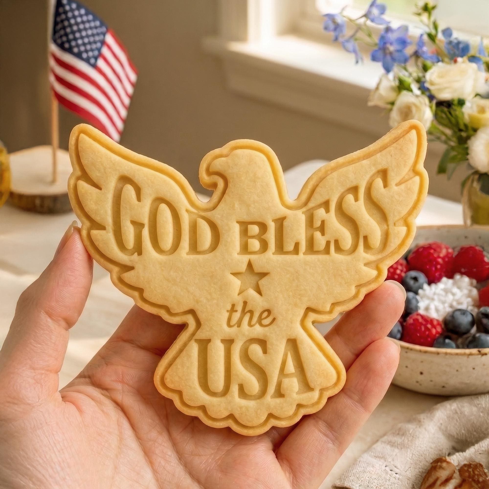 God Bless the USA Cookie Cutter, Eagle Patriotic Stamp, Polymer Clay Cutter, 4th of July Gift Mold, USA Eagle Plaque, Polyclay DIY Craft