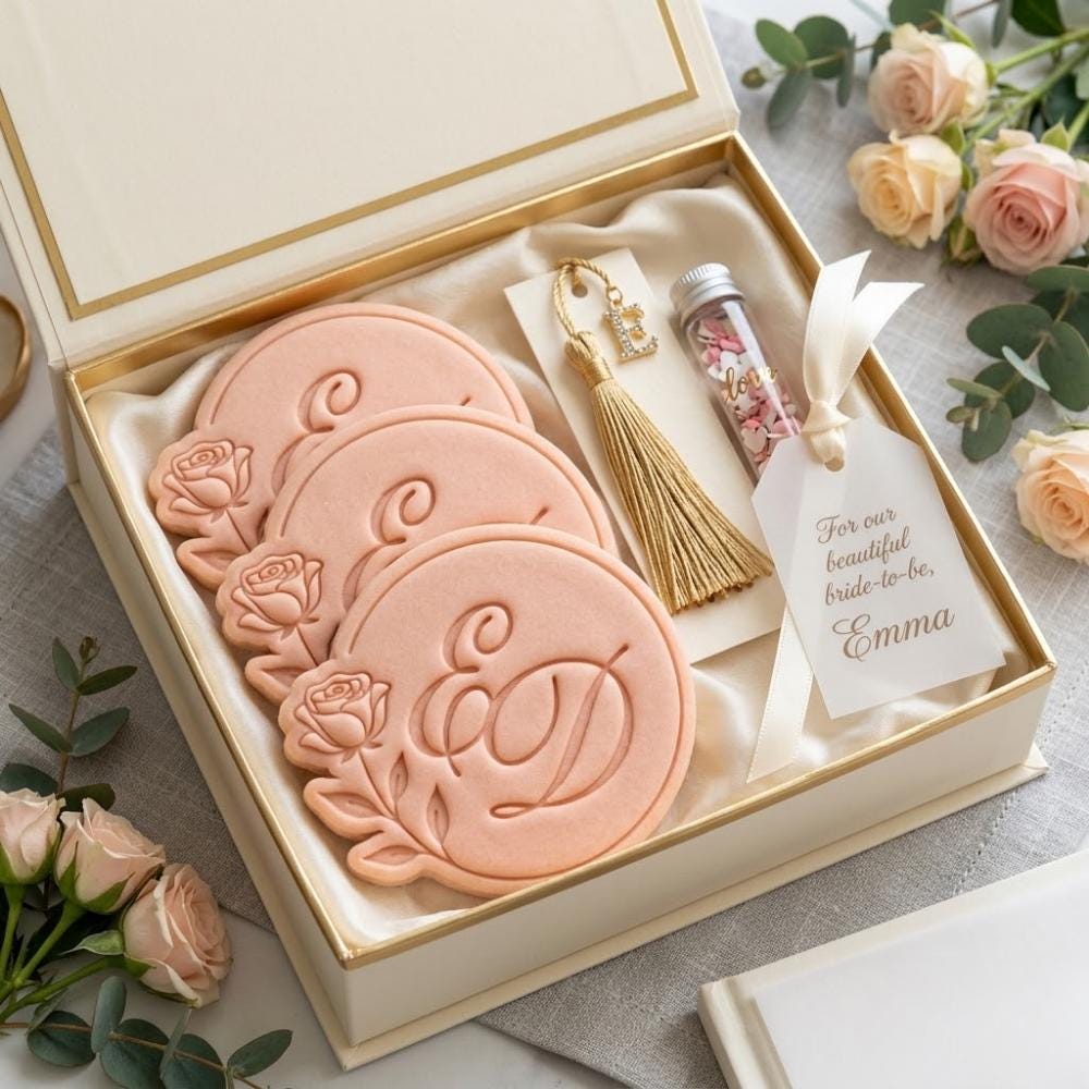 Custom Name & Date Rose Bridal Shower Cookie Cutter and Stamp, Floral Wedding Cookie Stamp, Bachelorette Flower Party Cookie Cutter
