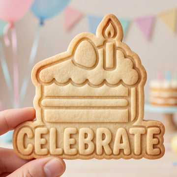 Celebrate Birthday Cake Cookie Cutter, Slice of Cake Stamp, Polymer Clay Cutter, Birthday Party Gift Mold, Candle Plaque, Polyclay DIY Craft