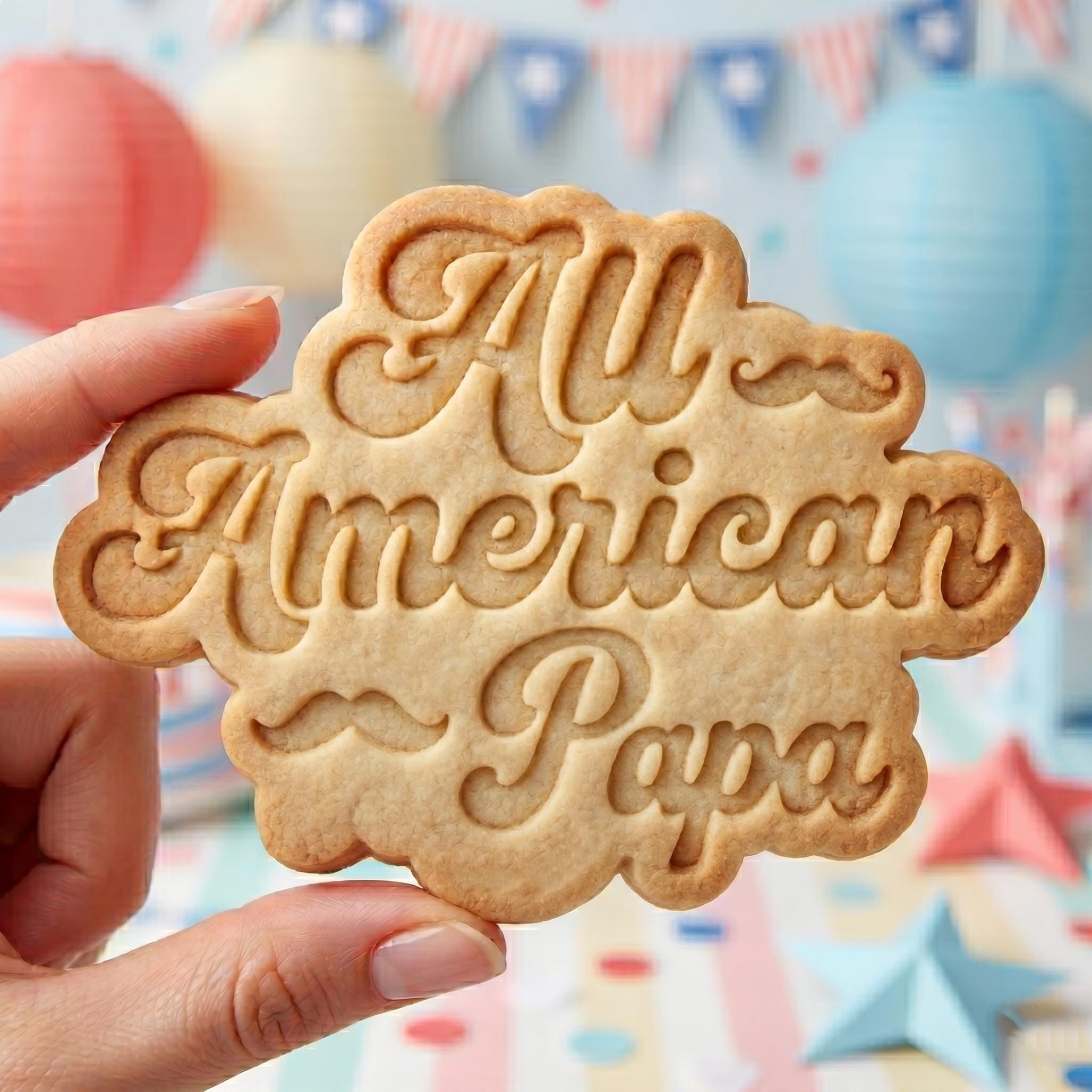 All American Papa Cookie Cutter, Patriotic Retro Text Stamp, Polymer Clay Cutter, Father's Day Mustache Mold, USA Dad Plaque, DIY Craft