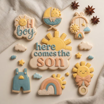Here Comes The Son Cookie Cutter Set, Baby Shower Cookie Cutter, Sunshine Baby Boy Cookie Mold, Cloud Sun Fondant Cutter, Baby Party Baking
