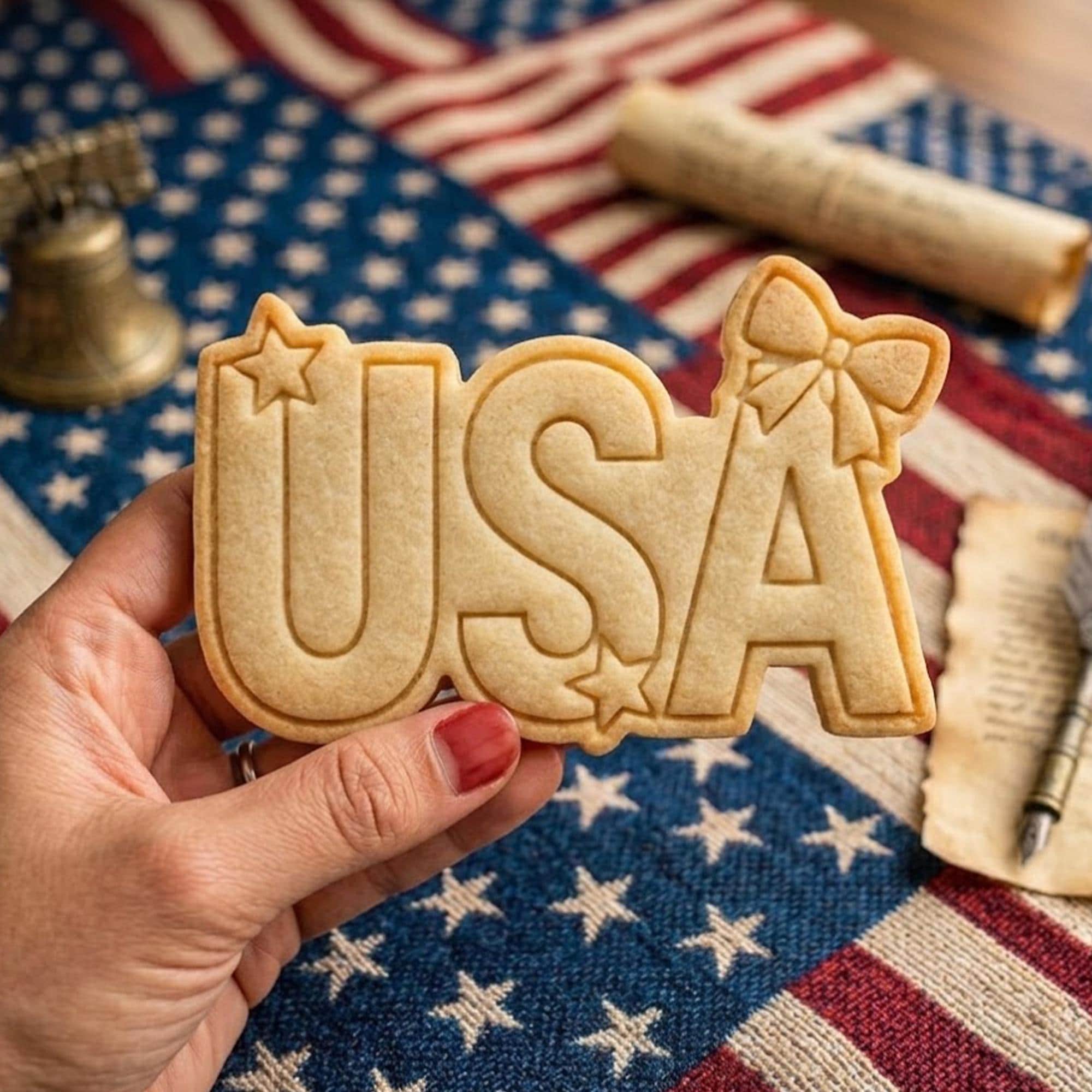 USA with Bow Star Cookie Cutter Stamp, America 1776 2026, 250th Anniversary, 250 Year of Freedom, Patriotic Baking, 4th of July, America 250