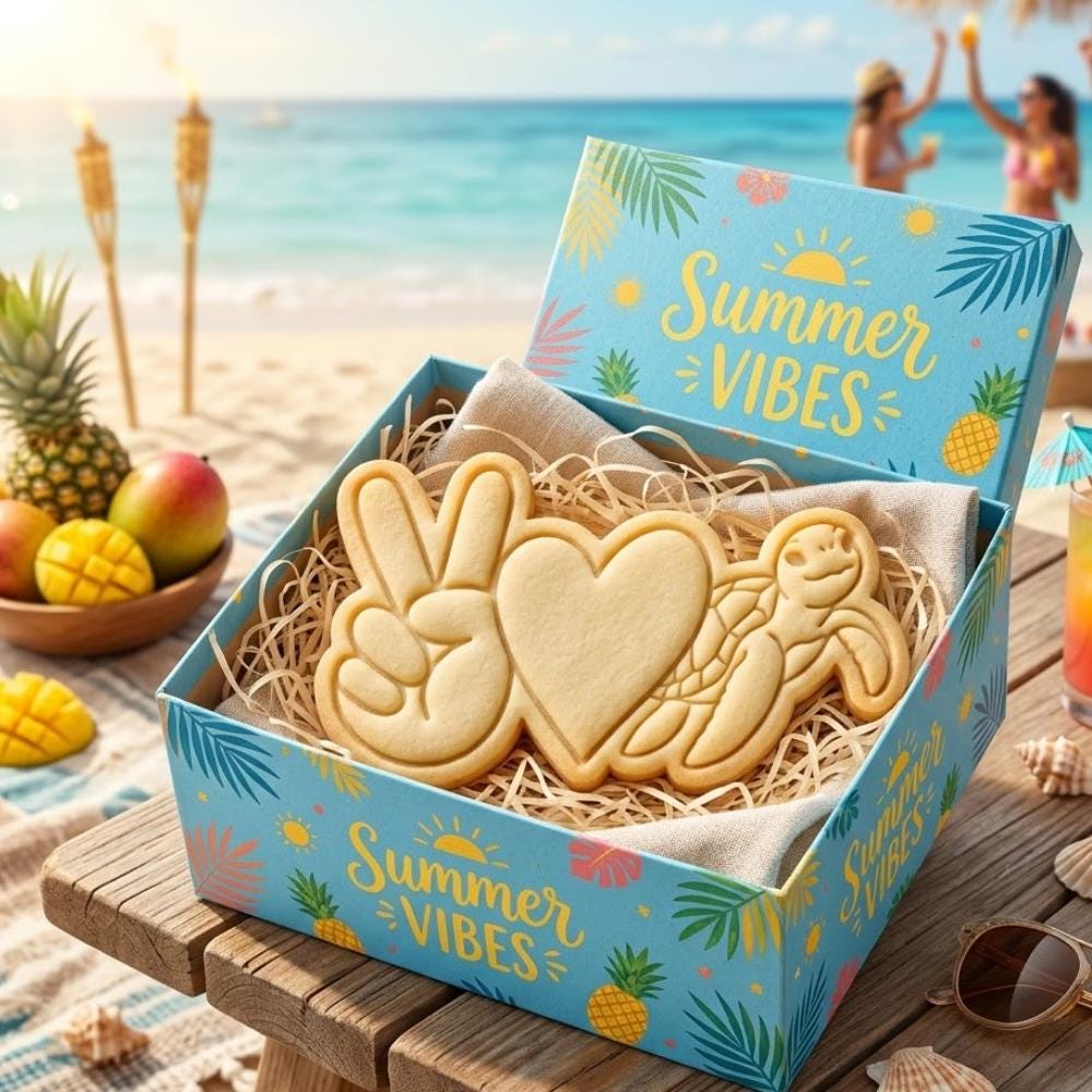 Summer Vibes Cookie Cutter and Stamp, Beach Vacation Cookie Stamp, Sea Turtle Fondant Cutter, Tropical Party Cookie Mold
