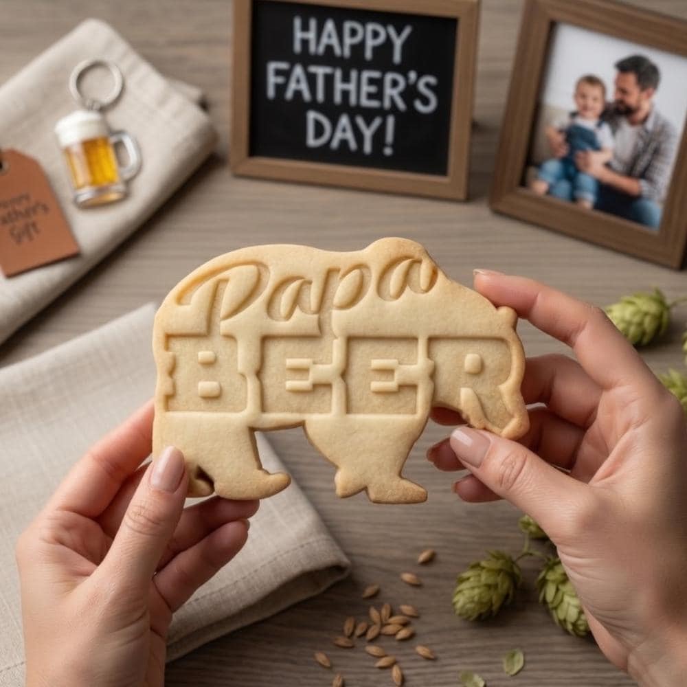 Papa Beer Cookie Cutter and Stamp Set, Fathers Day Beer Cookie Stamp, Bear Dad Fondant Cutter, Funny Dad Party Cookie Mold