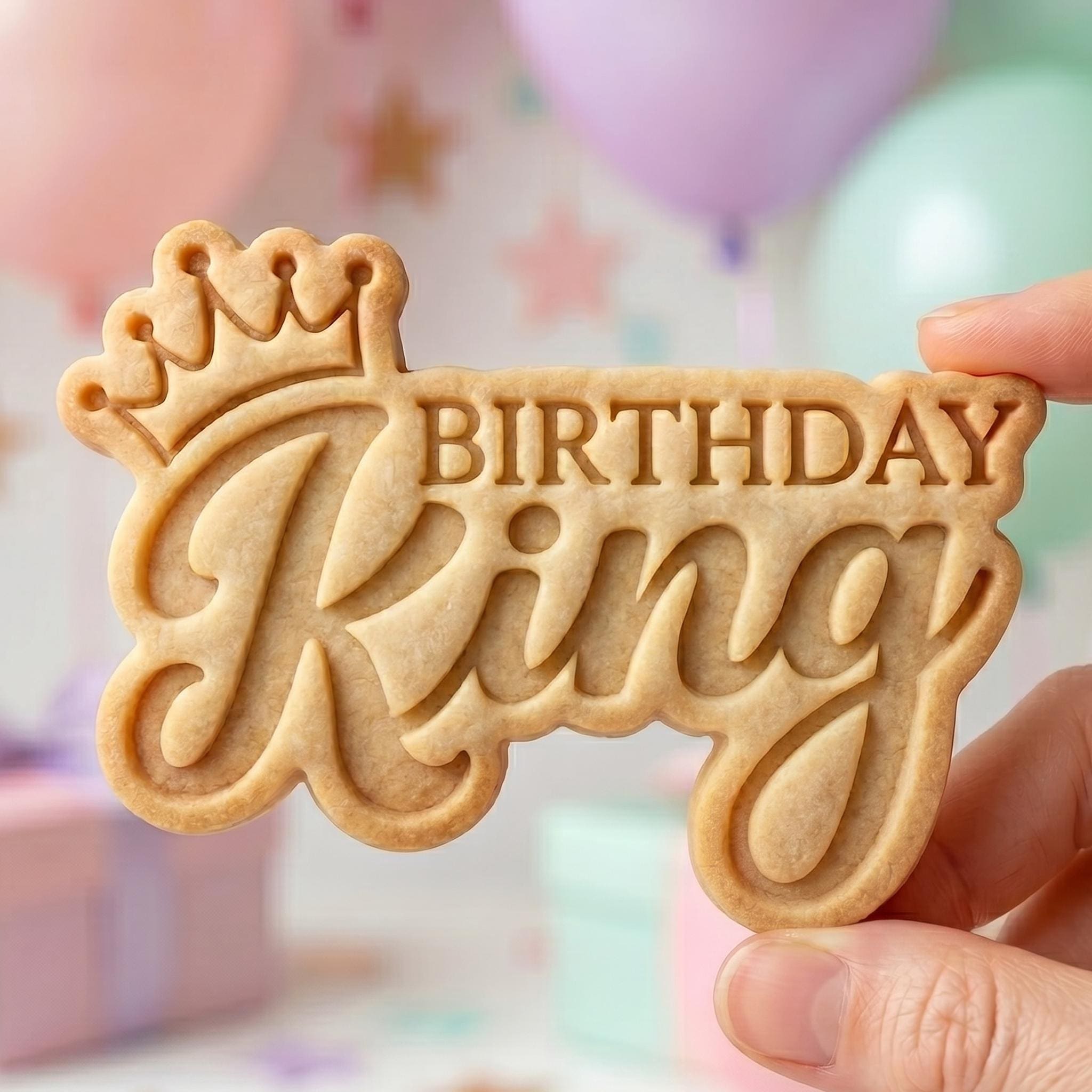 Birthday King Cookie Cutter, Elegant Crown Script Text Stamp, Polymer Clay Cutter, Prince Boys Birthday Party Mold, Lettering Plaque, DIY