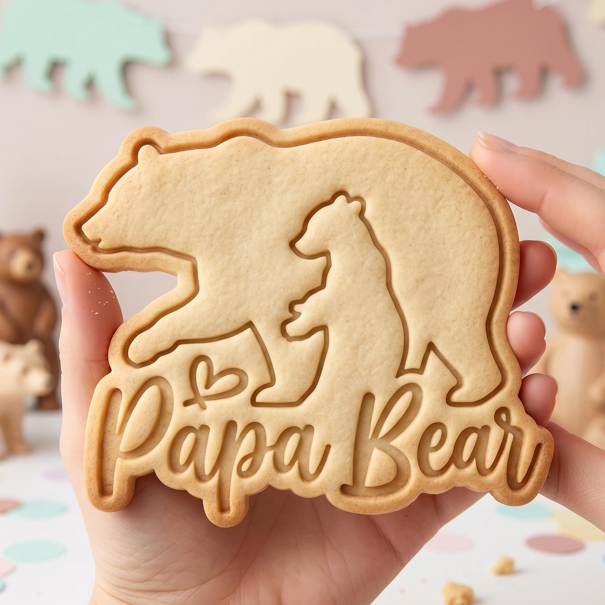 Papa Bear Cookie Cutter, Cute Father and Cub Script Stamp, Polymer Clay Cutter, Family Celebration Parent Gift Mold, Animal Plaque, DIY