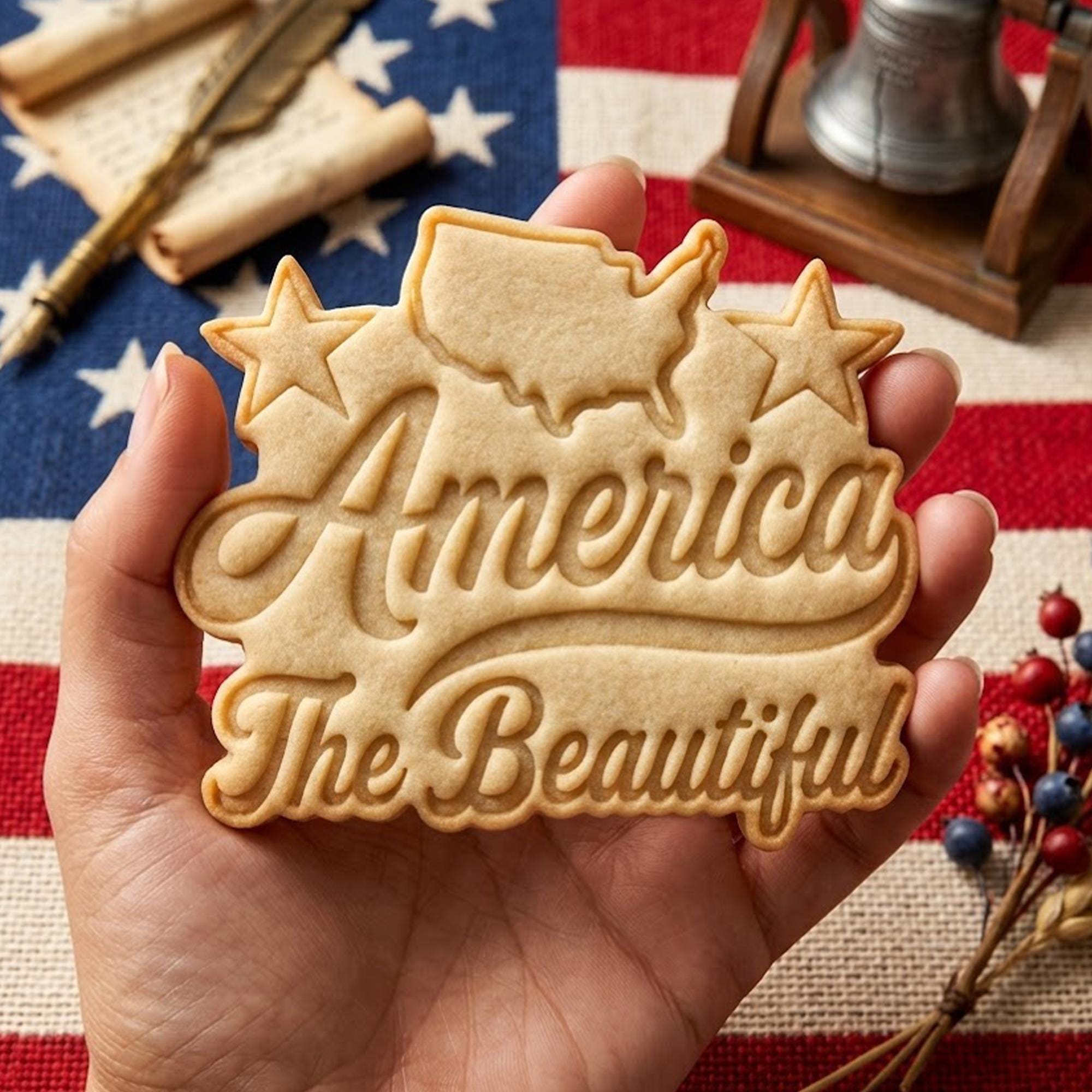 America The Beautiful with Map Cutter Stamp, 250th Anniversary, Independence Day, Patriotic Baking, 250 Years of Freedom Cookie, Clay Cutter