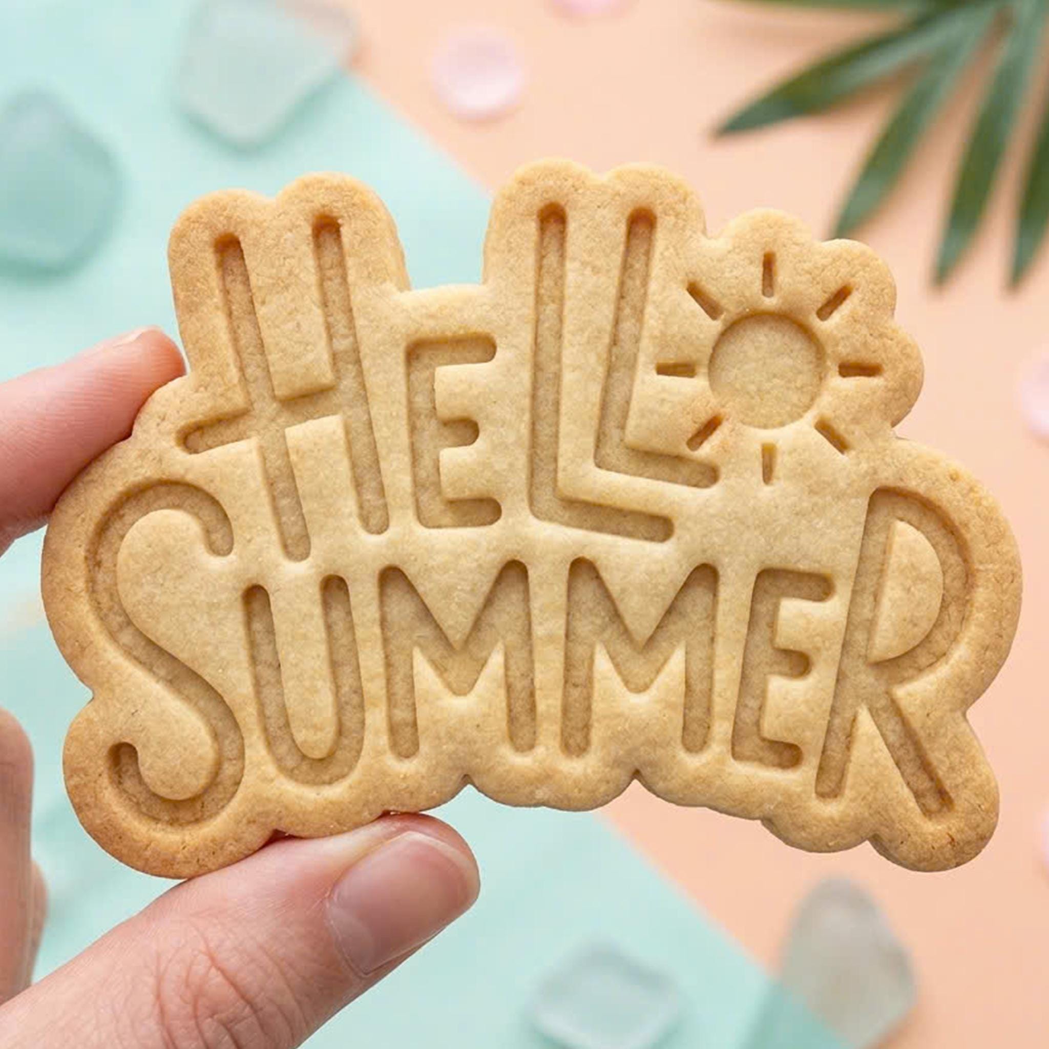 Hello Summer Cookie Cutter, Cute Sunshine Sun Retro Text Stamp, Polymer Clay Cutter, Tropical Beach Vacation Party Mold, Plaque, DIY Craft
