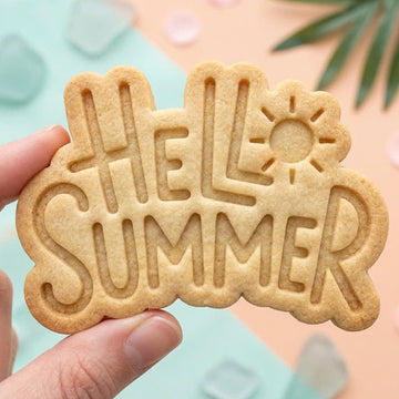 Hello Summer Cookie Cutter, Cute Sunshine Sun Retro Text Stamp, Polymer Clay Cutter, Tropical Beach Vacation Party Mold, Plaque, DIY Craft
