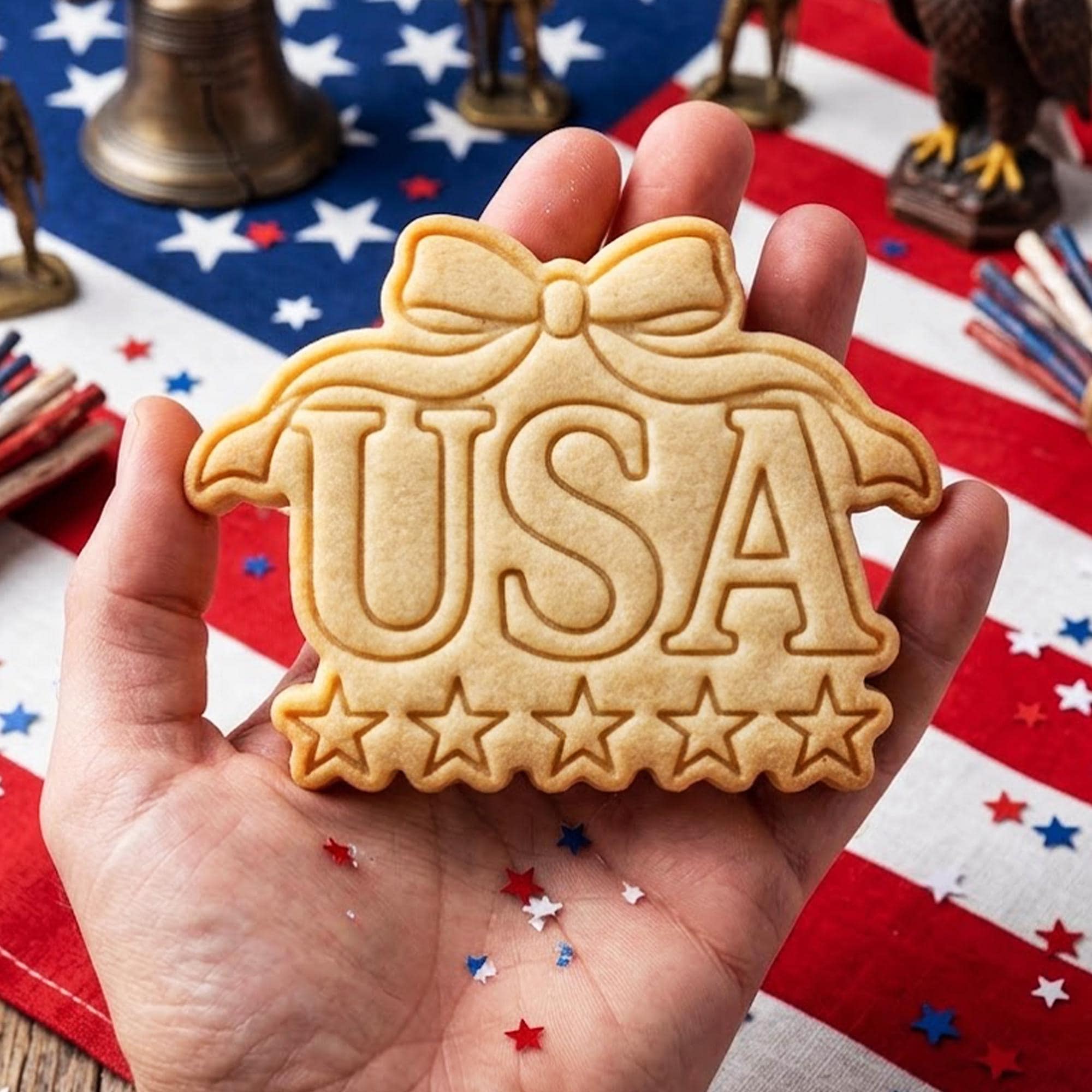 USA With Bow Star Cookie Cutter Stamp, 250th Anniversary, Independence Day, Patriotic Baking, 250 Years of Freedom, America 250 1776 2026