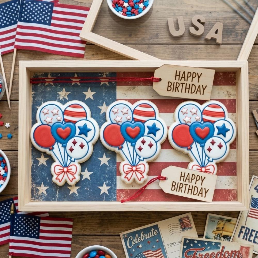 Patriotic Balloon Birthday Cookie Cutter and Stamp, 4th of July Cookie Stamp, USA Birthday Fondant Cutter, Party Favor Mold
