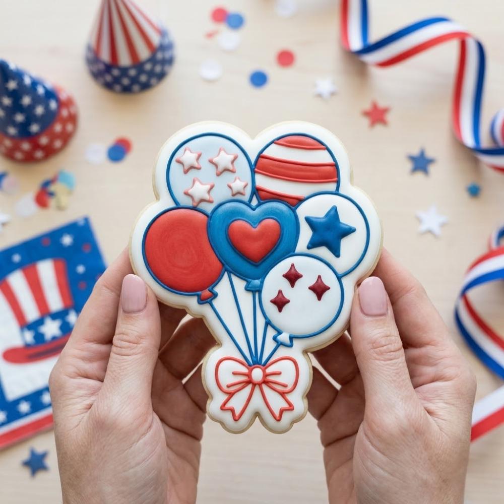 Patriotic Balloon Birthday Cookie Cutter and Stamp, 4th of July Cookie Stamp, USA Birthday Fondant Cutter, Party Favor Mold