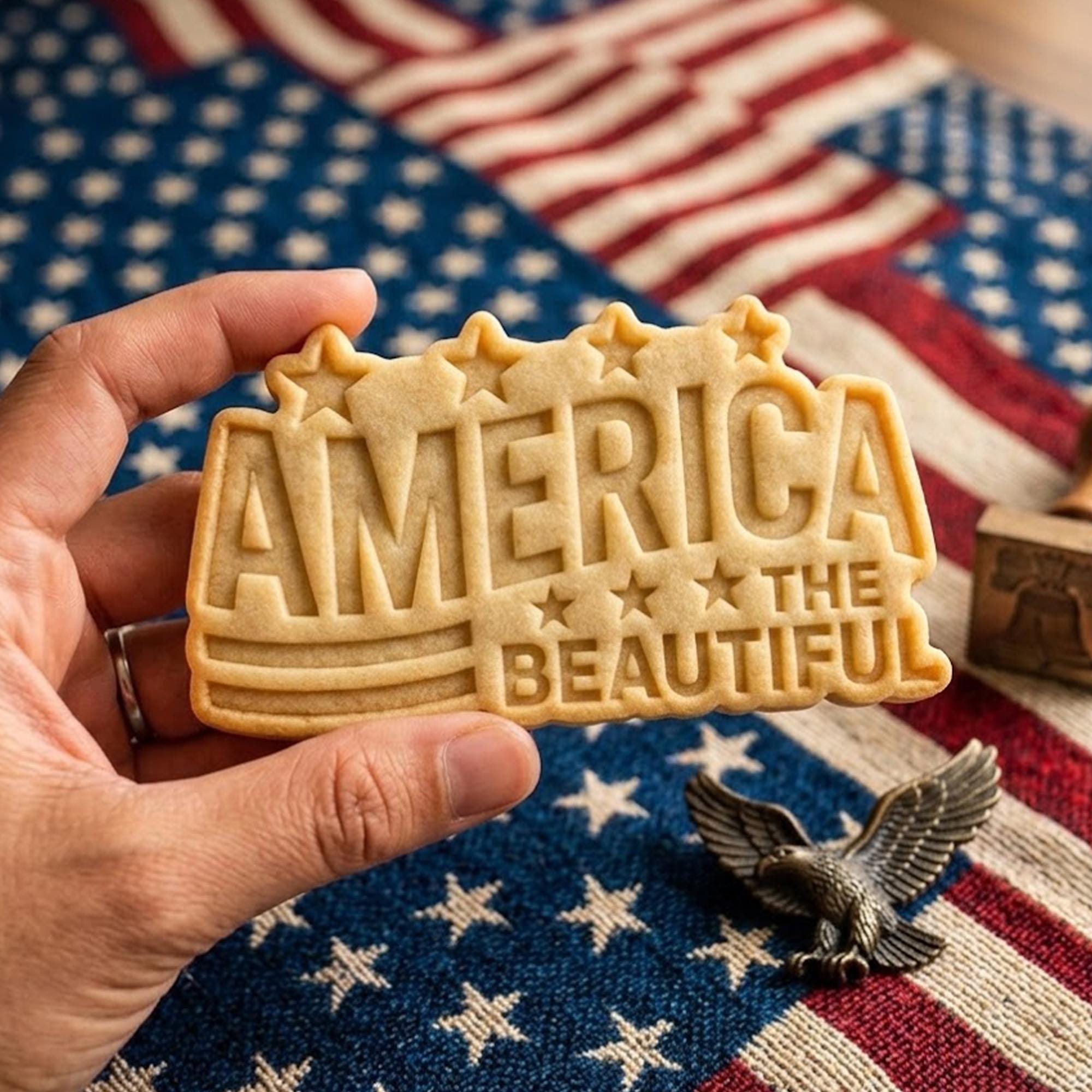 America The Beautiful with Star Cutter Stamp, 250th Anniversary, Independence Day, Patriotic Baking, 250 Year of Freedom Cookie, Clay Cutter