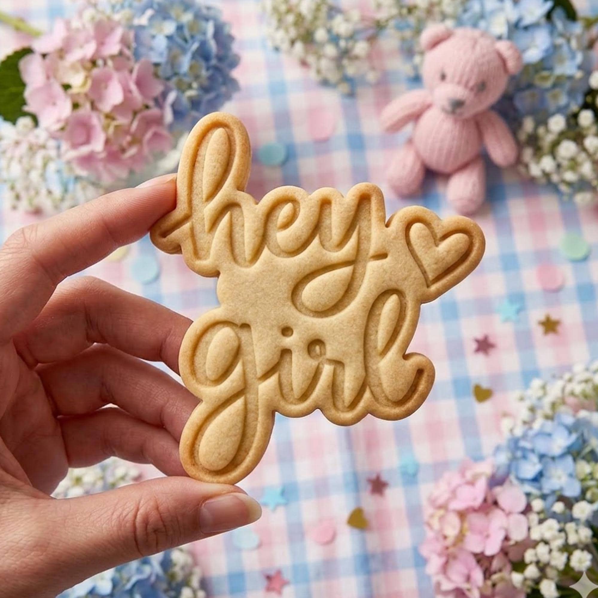 Hey Girl With Heart Cookie Cutter Stamp, Baby Custom Cookie, Baby Gift, Baby Shower, Baby Cutter, Baby Girl Cutter, Birthday Girl Baking
