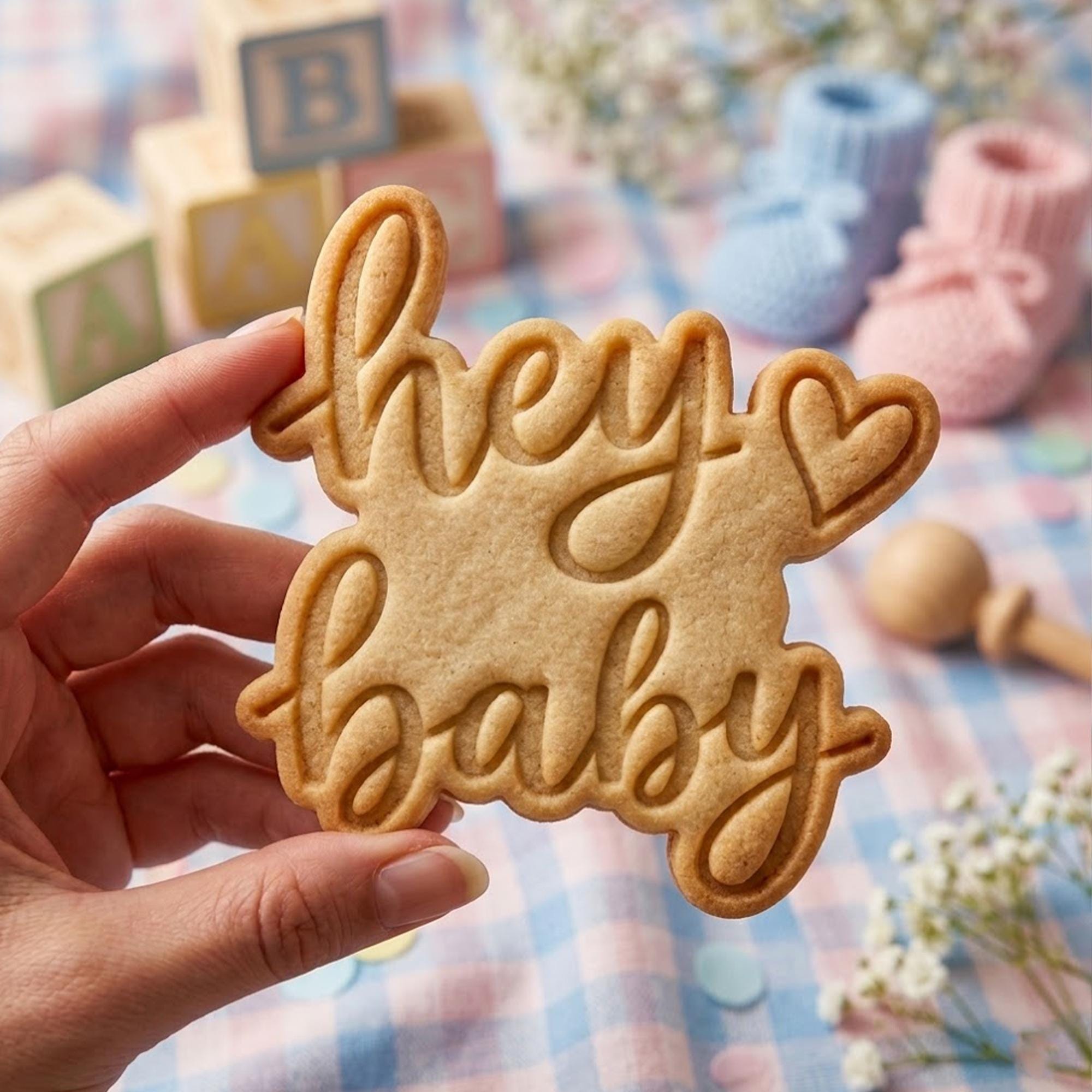 Hey Baby With Heart Cookie Cutter Stamp, Baby Custom Cookie, Baby Gift, Baby Shower, Baby Cutter, Birthday Baking, Clay Cutter, Birthday