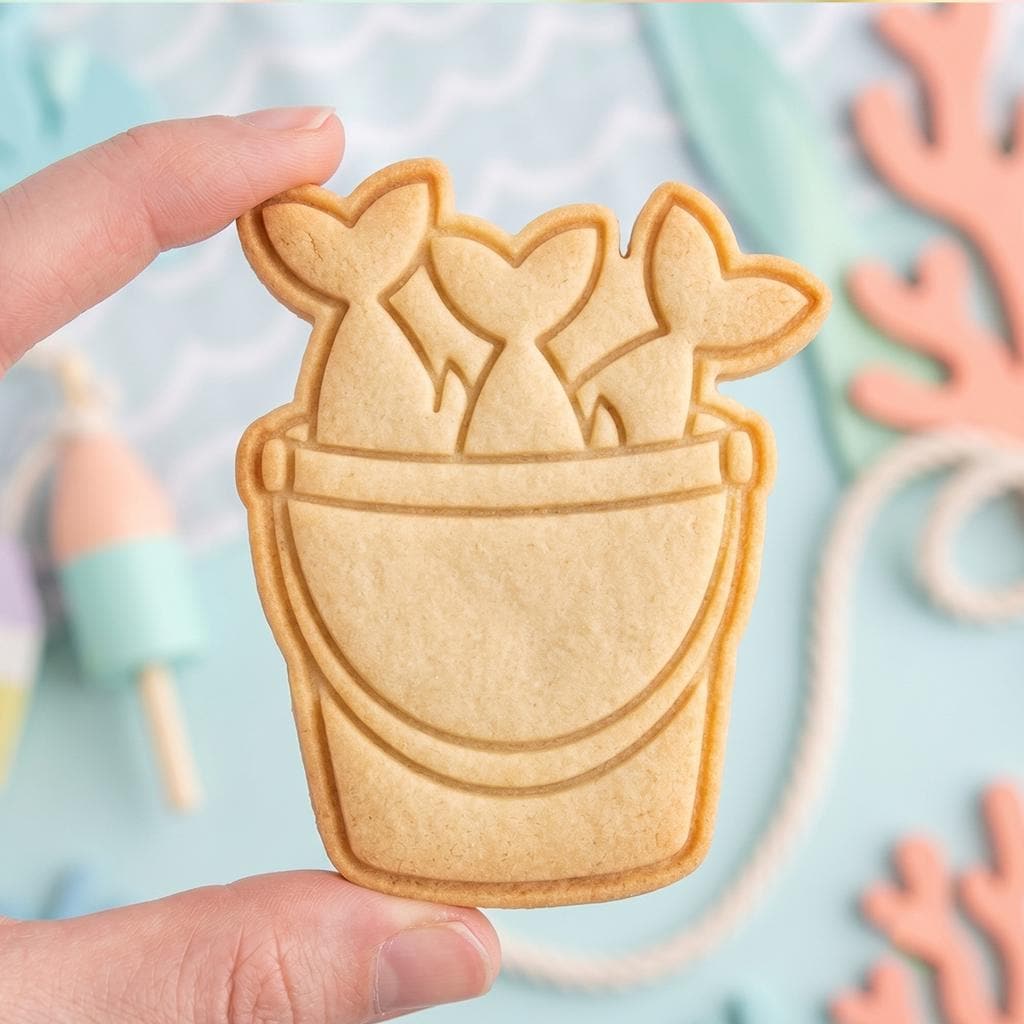 Mermaid Tail Cookie Cutter, Cute Fish Tails in Bucket Stamp, Polymer Clay Cutter, Under The Sea Ocean Birthday Party Mold, Plaque, DIY Craft